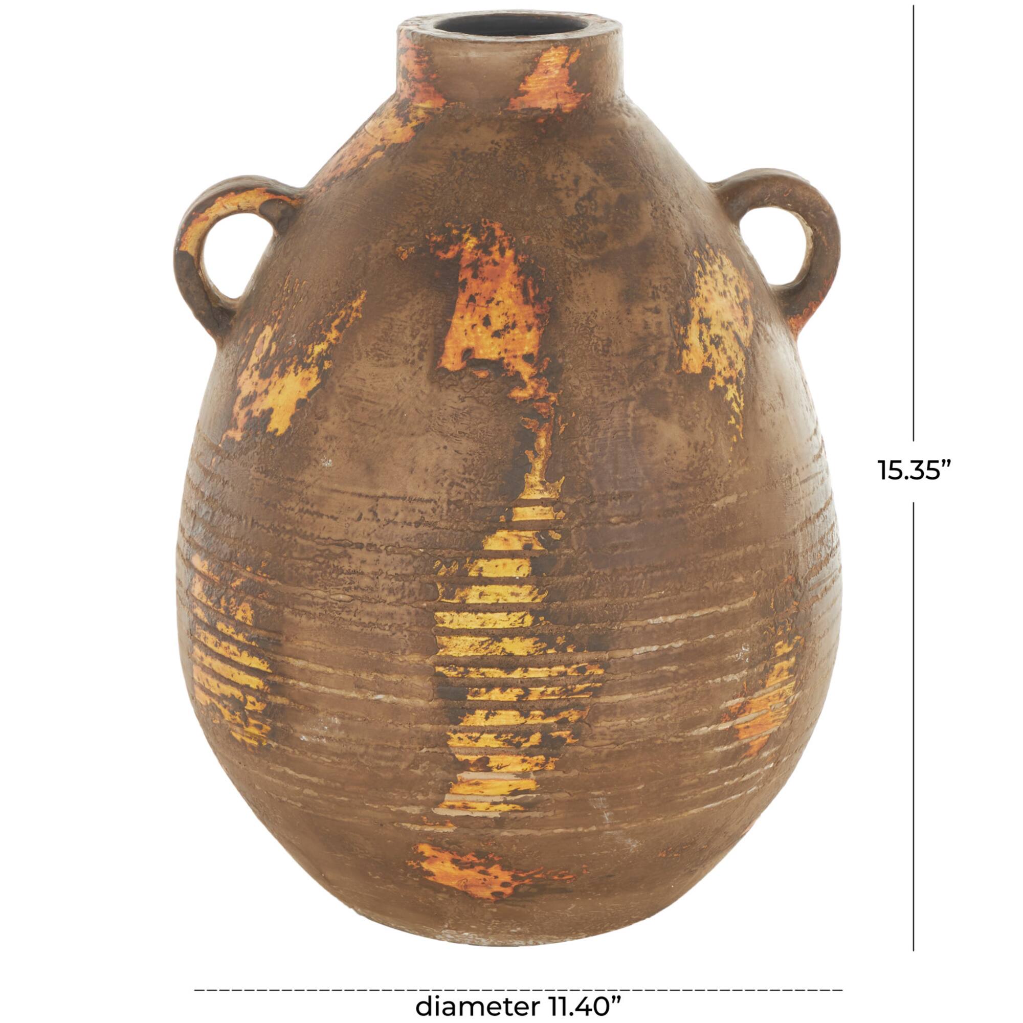 15.25" Brown Ceramic Antique Style Distressed Vase with Grooves & Handles